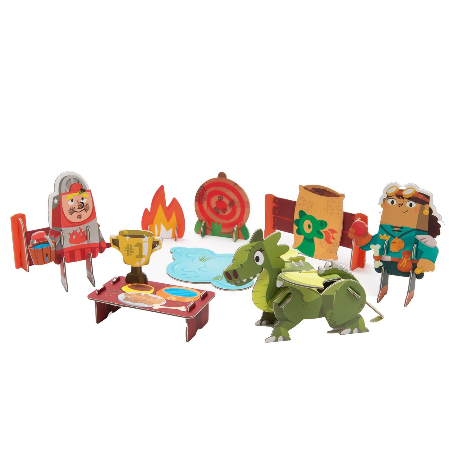 Curious Kingdom Dragon Trainer Playset featuring cardboard construction pieces including a green dragon, character figures, game spinner, target, trophy, and th