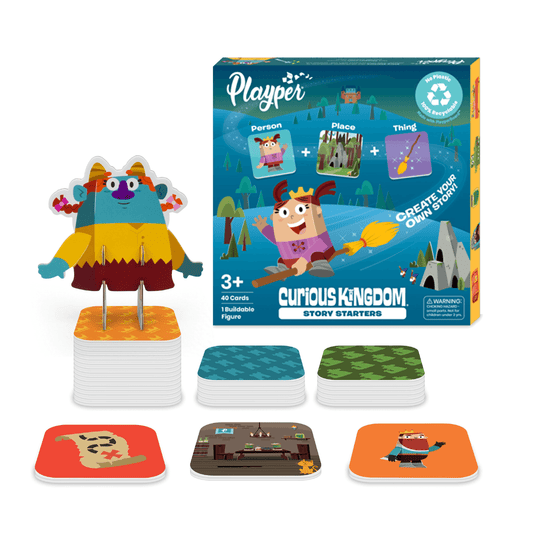 Playper Curious Kingdom Story Starters Kit with buildable character figure, six illustrated story cards showing different scenes and characters, and box packagi