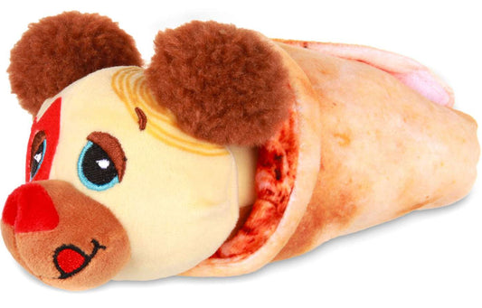 Cutetitos Pizzaitos plush toy shaped like a slice of pizza with a cute face, brown fuzzy ears, embroidered eyes and smile, on plain background