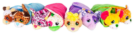 Six colorful plush Cutetitos Budditos characters lined up in a row, each with a unique animal design and wrapped in different colored fabric blankets.