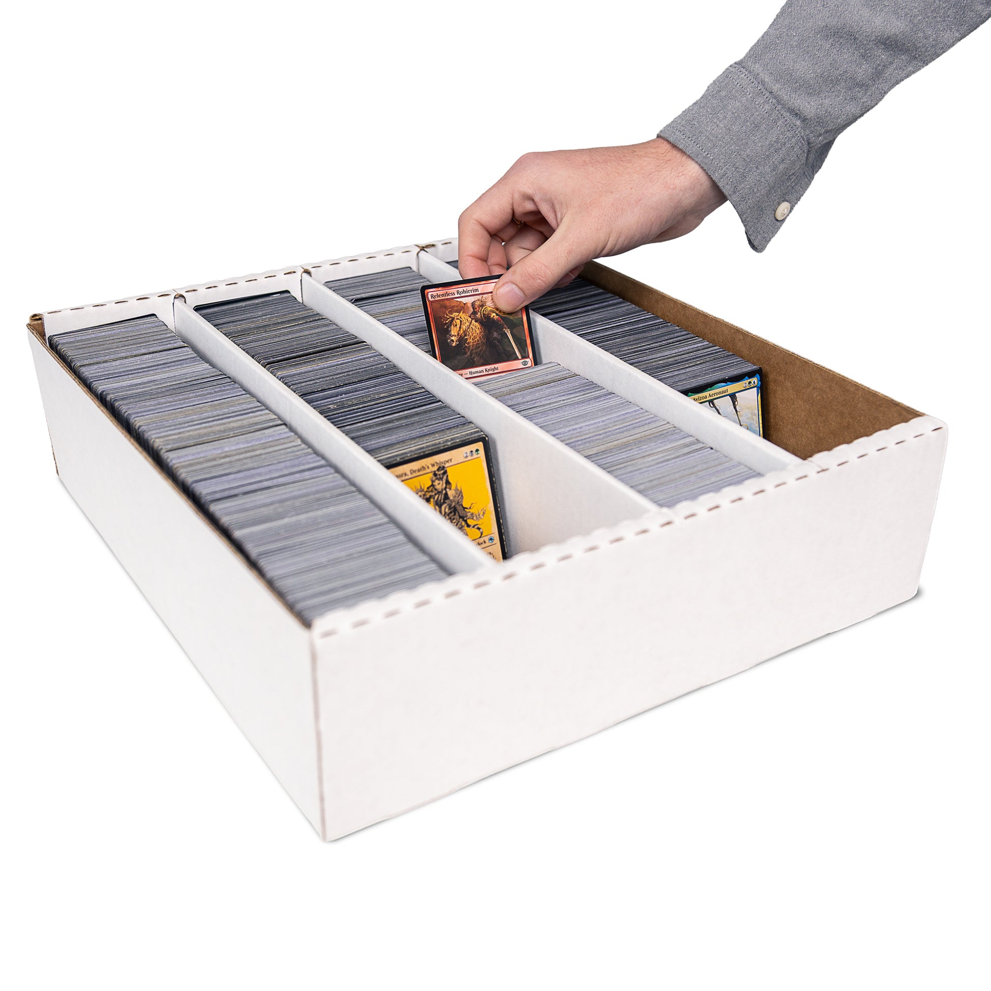 Easy Playhouse Trading Card Storage Box with white dividers organizing colorful card collection