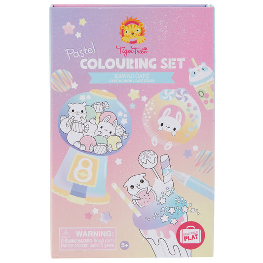 Tiger Tribe Kawaii Café Pastel Colouring Set box featuring cute animal characters with candy and desserts, outlined for coloring, on pink gradient background