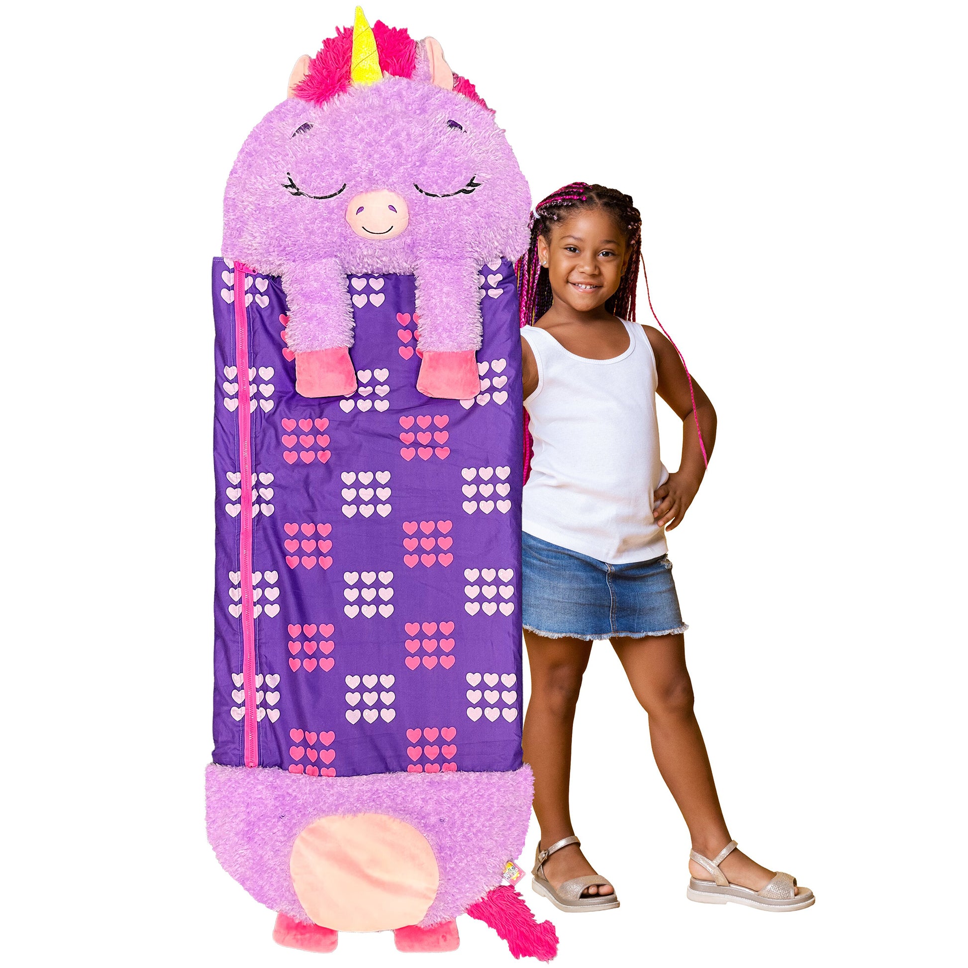 Happy Nappers Purple Unicorn Large Pillow Sleepy Sack with girl posing next to it