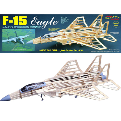 F-15 Eagle wooden display model kit with balsa construction and detailed fuselage