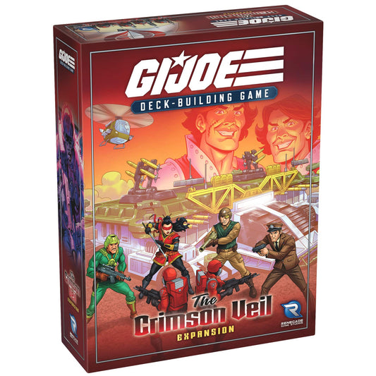 G.I. JOE Deck-Building Game The Crimson Veil Expansion box featuring illustrated characters in action poses against a desert military base backdrop