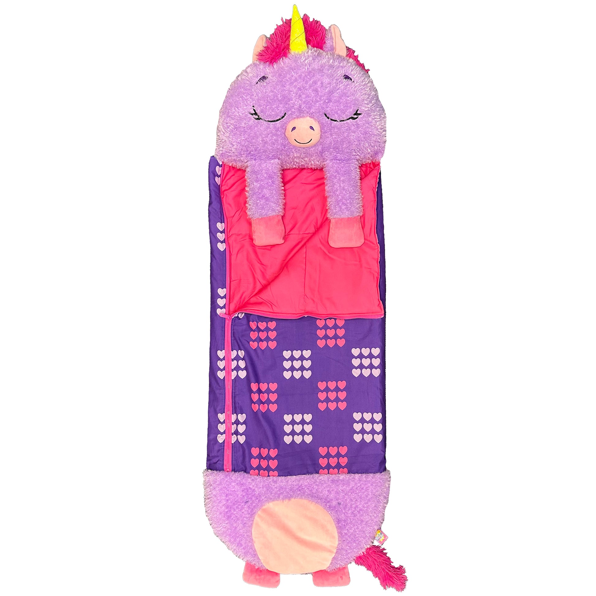 Happy Nappers Purple Unicorn pillow and sleepy sack with pink horn and heart pattern