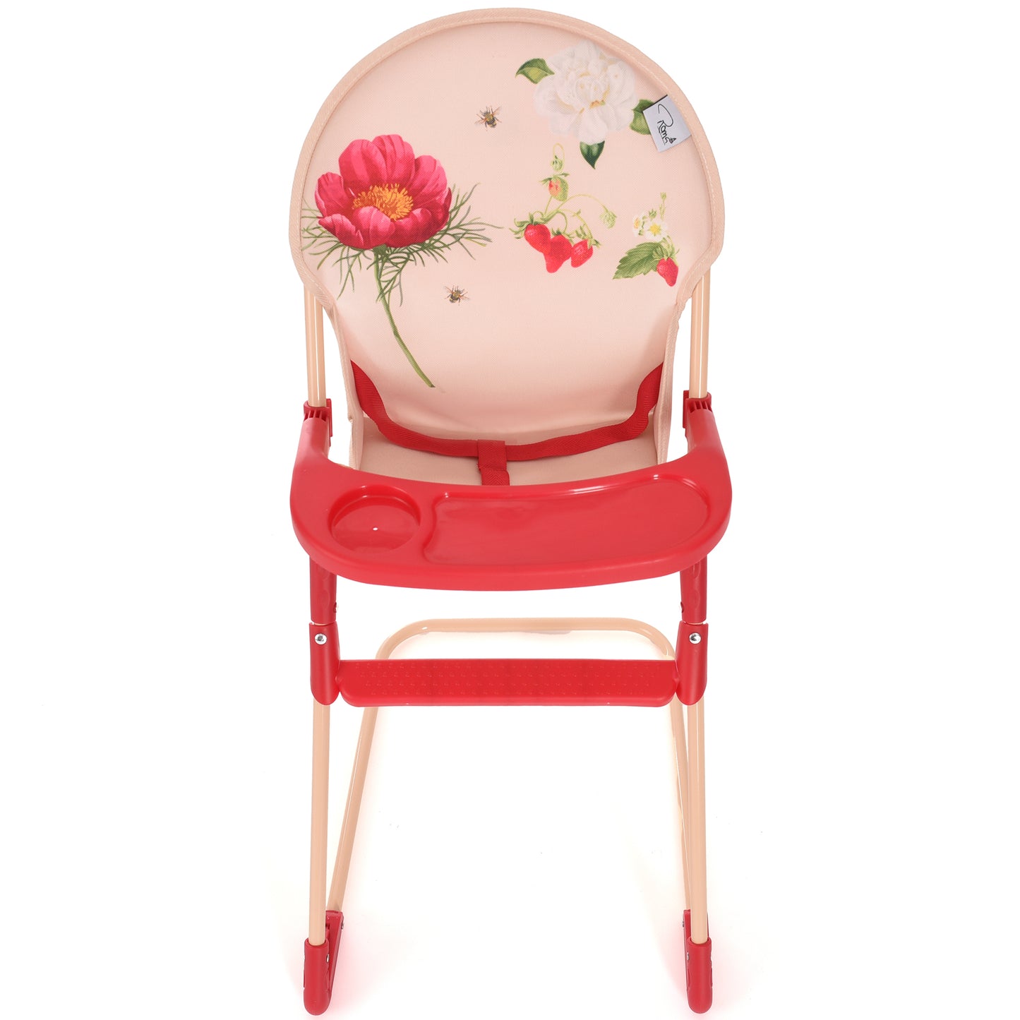 Roma RHS High Chair Flora with pink seat, red frame, and floral botanical design