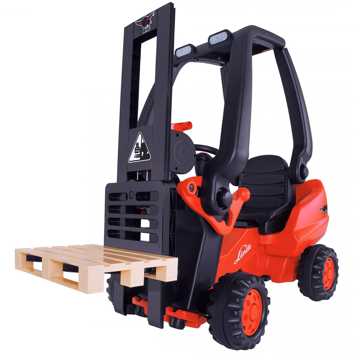 BIG Linde red and black pedal-powered forklift ride-on toy with working lift