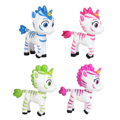 Four colorful unicorn figurines with sparkly horns and manes in blue, pink, green, and magenta with white bodies and striped details