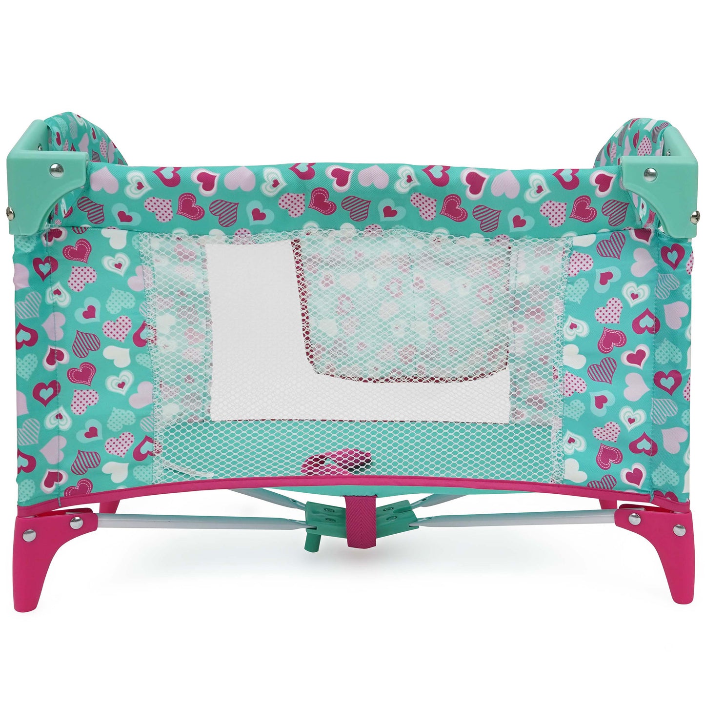 Mint Heart Dream n' Fun Doll Play Yard with turquoise and pink heart pattern