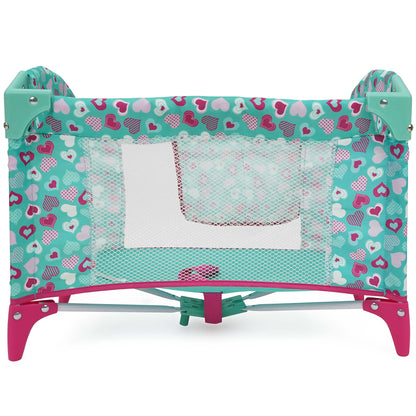 Mint Heart Dream n' Fun Doll Play Yard with turquoise and pink heart pattern