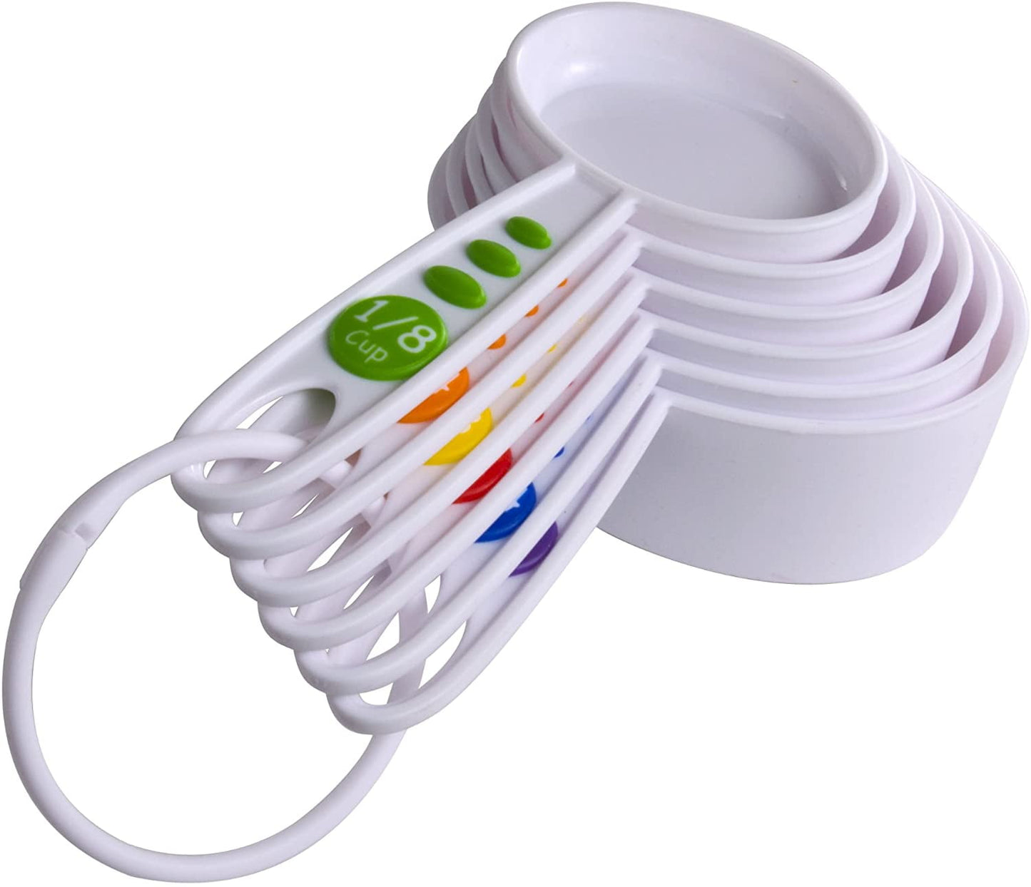 Set of eight white measuring cups with colored handles and green 1/8 cup label, stacked and fanned to show range