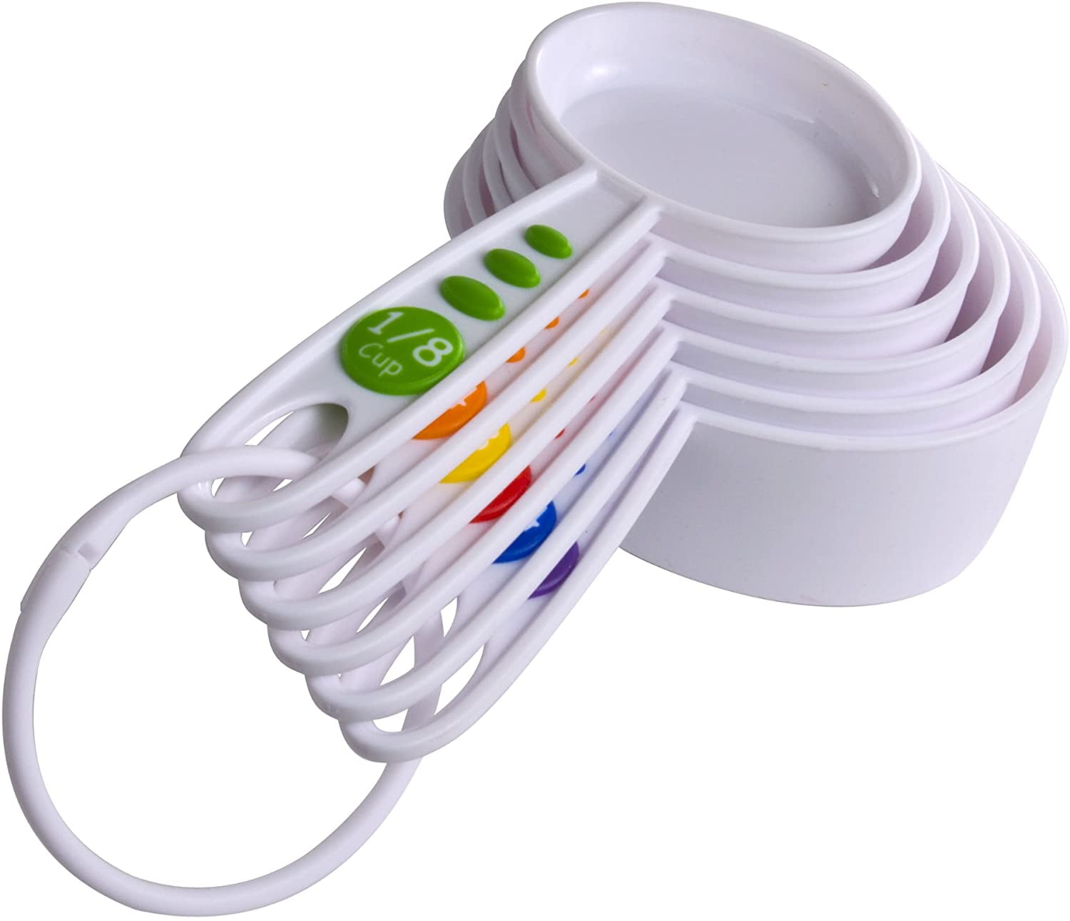 Set of eight white measuring cups with colored handles and green 1/8 cup label, stacked and fanned to show range