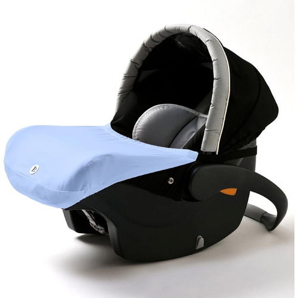 Black infant car seat with light blue hood cover and gray padded headrest on plain background