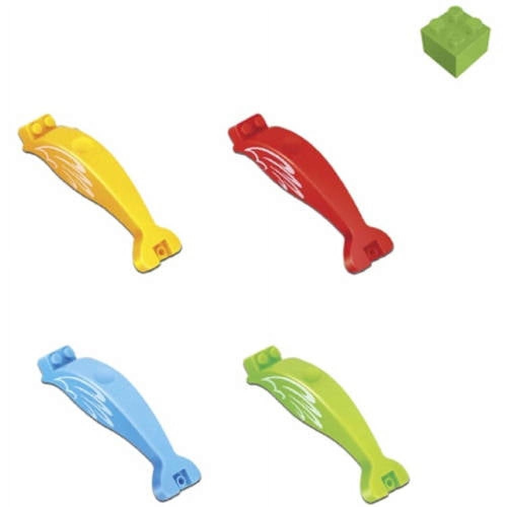 Block remover tools in yellow, red, blue, and lime green, plus a green building block, on white background
