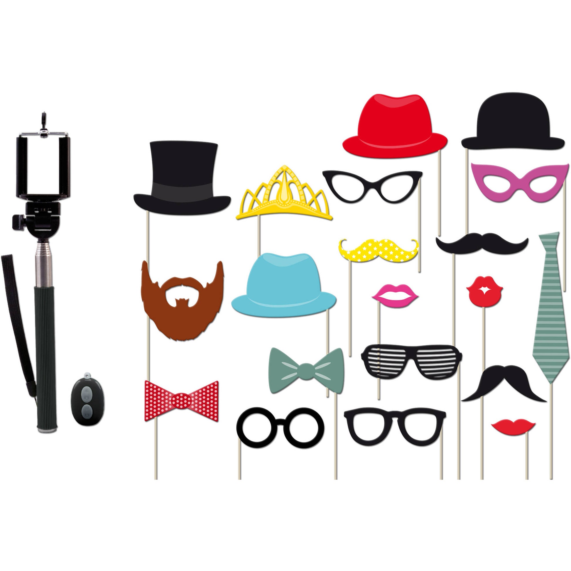 Photo booth props kit including selfie stick with phone holder, hats, glasses, mustaches, lips, bow ties, crown, and tiara on sticks