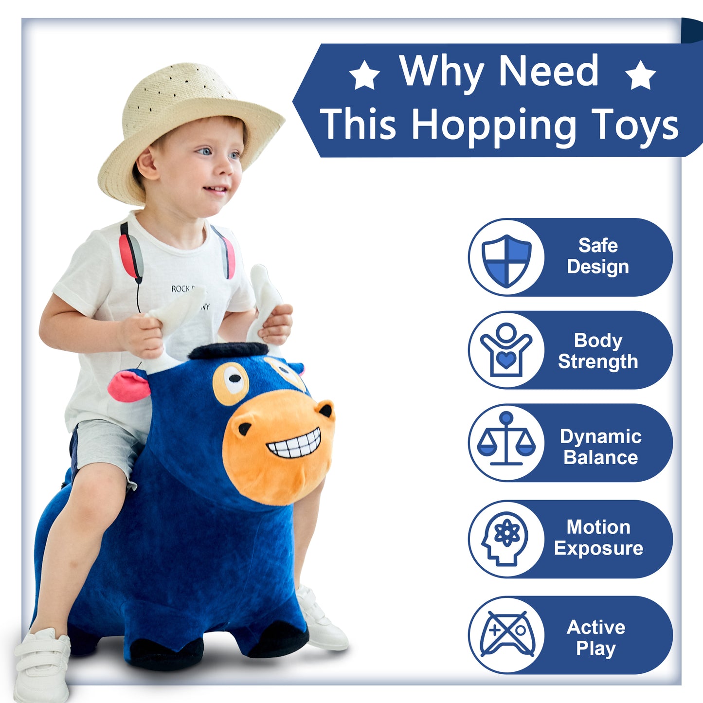 Child on model wearing straw hat hopping on blue plush hopper ball with orange face and pink ears, with benefits listed: Safe Design, Body Strength, Dynamic Bal