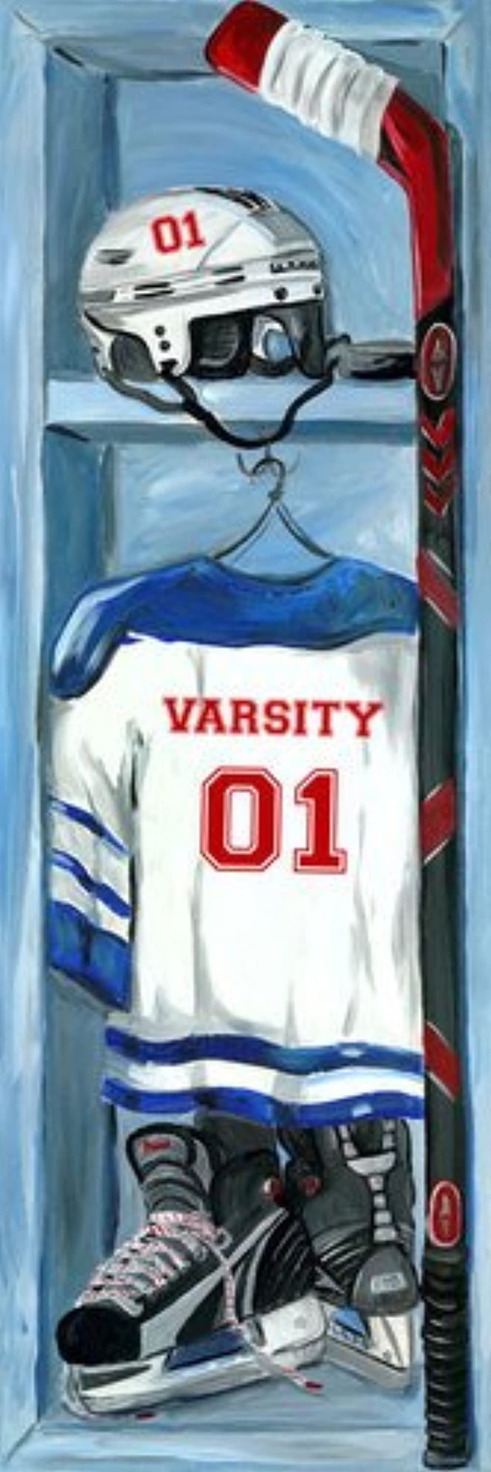 Hockey equipment and uniform arranged in a locker display: white helmet with red number 01, red and white stick, white jersey labeled VARSITY 01 with blue strip