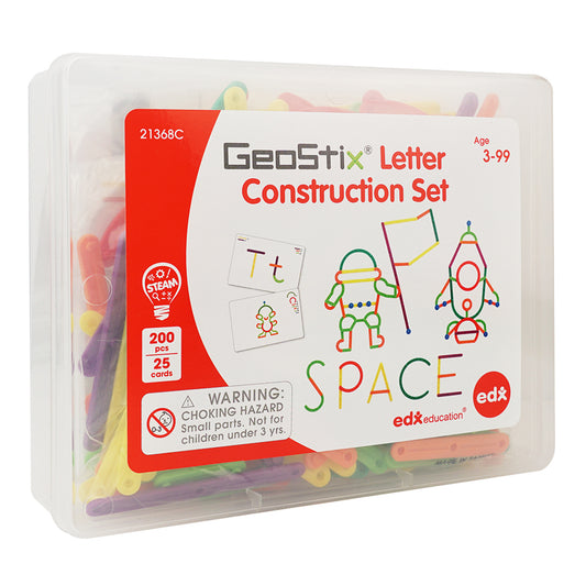 GeoStix Letter Construction Set in clear storage case with colorful flexible sticks and activity cards showing letter and shape designs