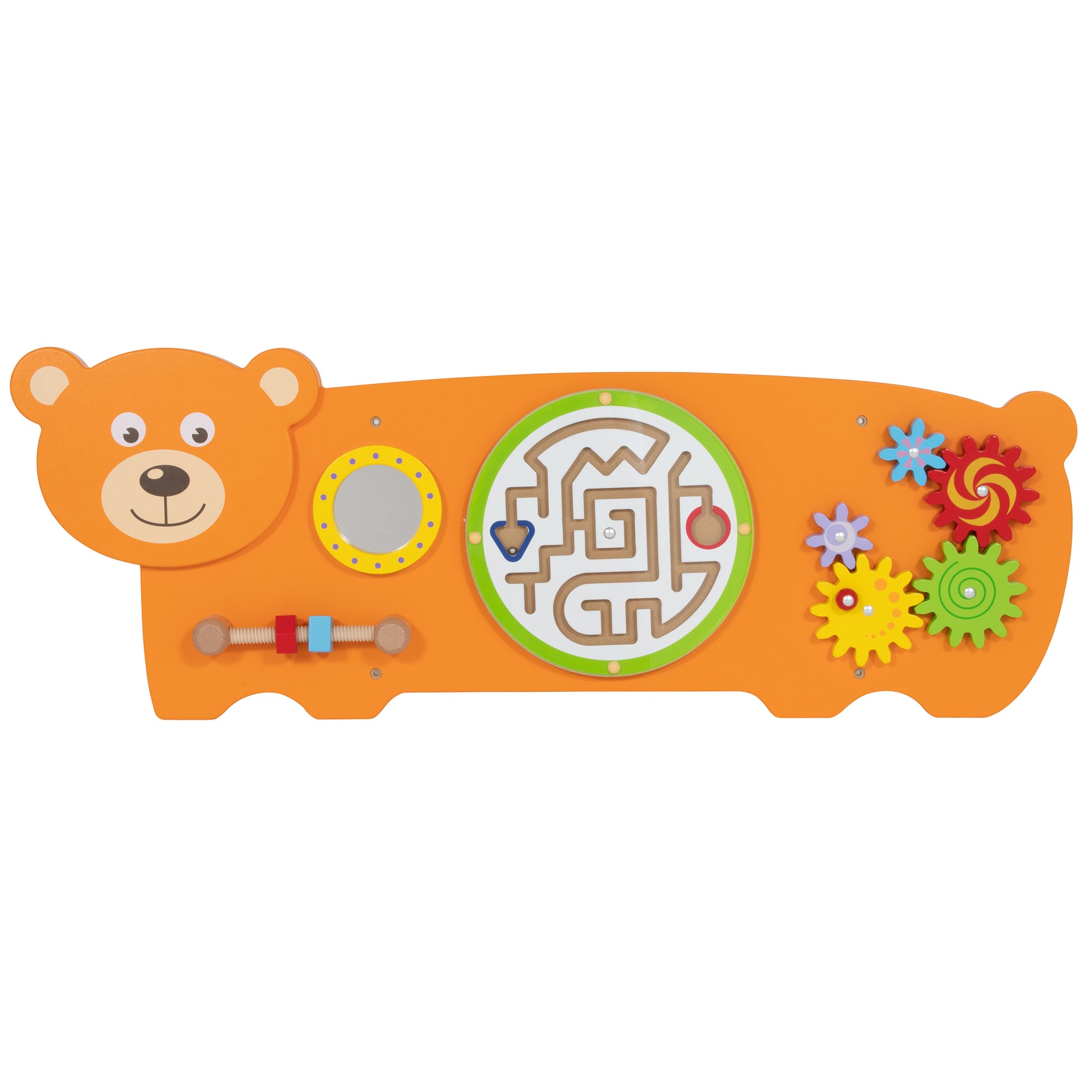 Orange bear-shaped activity wall panel with multiple interactive elements: bear head on left, yellow mirror, green-framed maze puzzle, bead maze, and colorful g