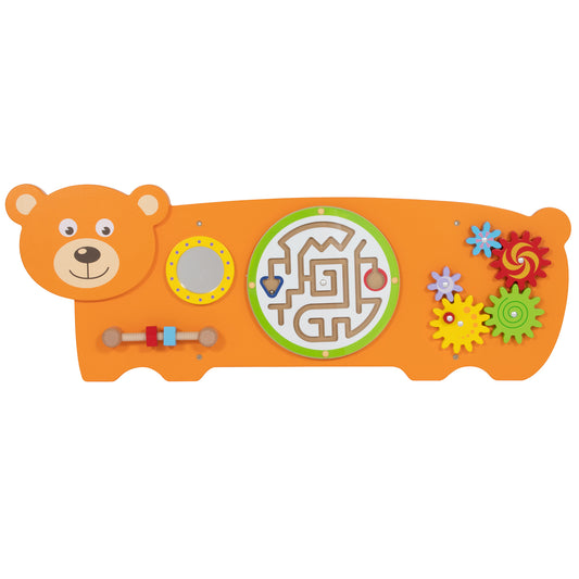 Orange bear-shaped activity wall panel with multiple interactive elements: bear head on left, yellow mirror, green-framed maze puzzle, bead maze, and colorful g