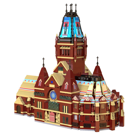 CaDA Harvard Memorial Hall Gothic Architecture Brick Set, red and cream building with tall spired tower, multiple turrets with crosses, and detailed architectur
