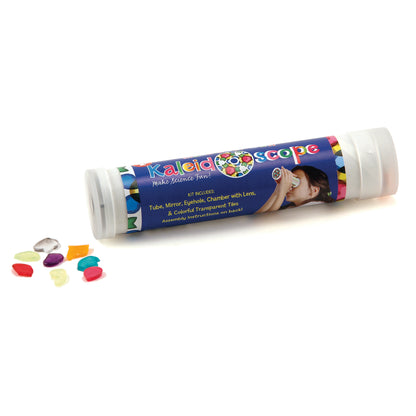 Kaleidoscope kit with blue tube packaging showing a child using the viewfinder, accompanied by colorful transparent tiles for assembly