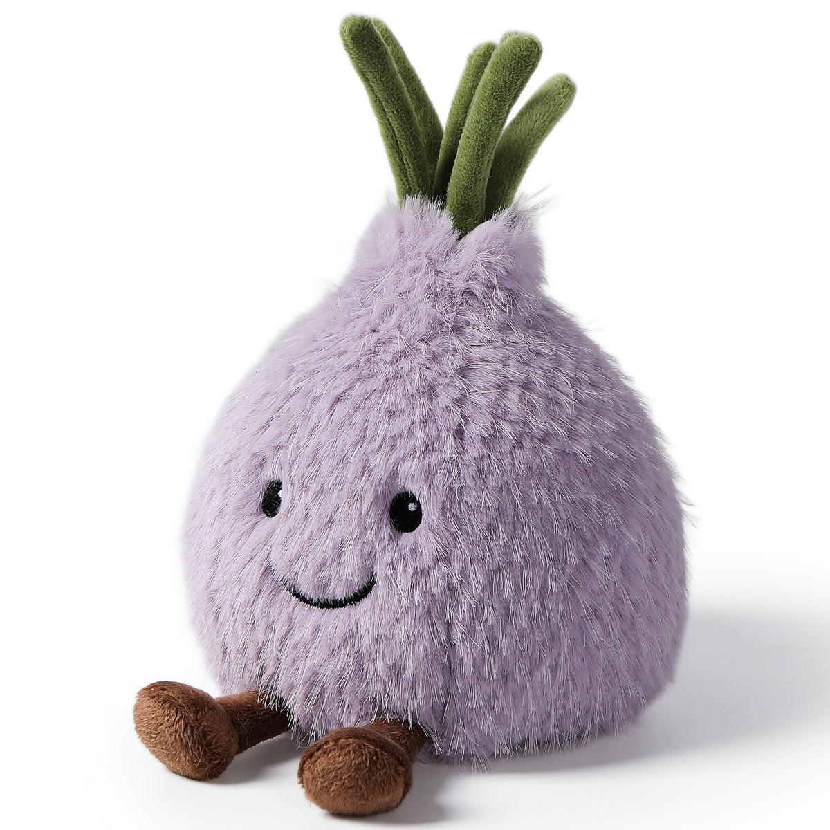 MCHUGS Gourmet Series Tearful Onion Plush 7-Inch with purple body, green stem top, brown feet, and friendly smiling face
