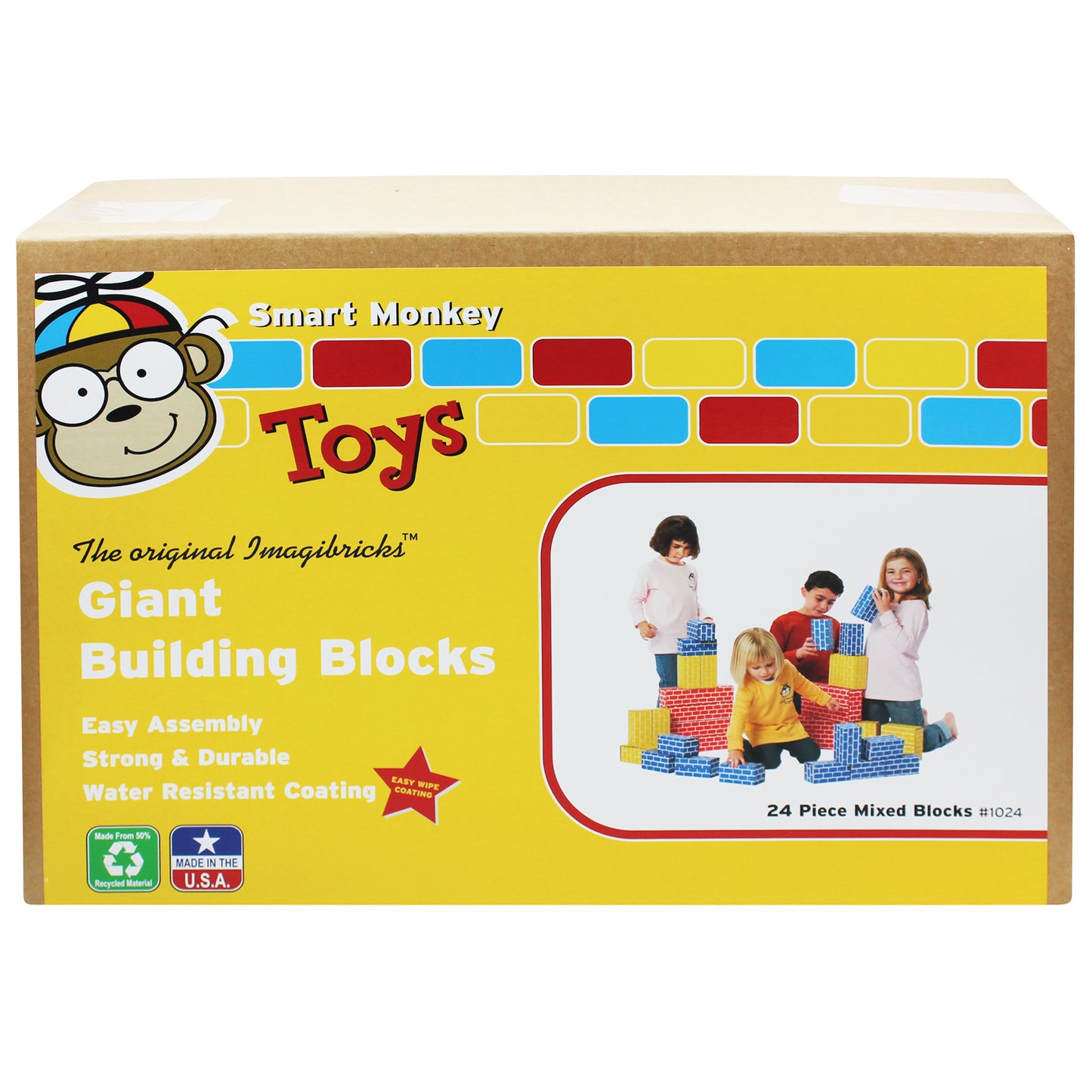 Smart Monkey Toys ImagiBRICKS Giant Building Blocks box showing colorful cardboard blocks and children playing with assembled structure