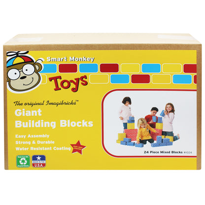 Smart Monkey Toys ImagiBRICKS Giant Building Blocks box showing colorful cardboard blocks and children playing with assembled structure