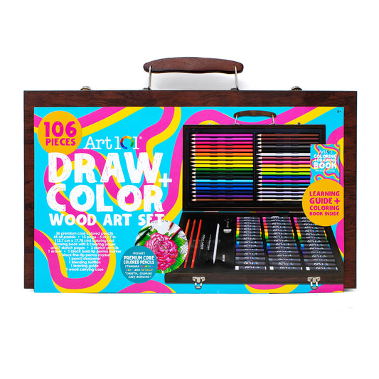 Art 101 106-piece Draw + Color Wood Art Set in wooden case with colored pencils, markers, sketching pencils, and coloring book