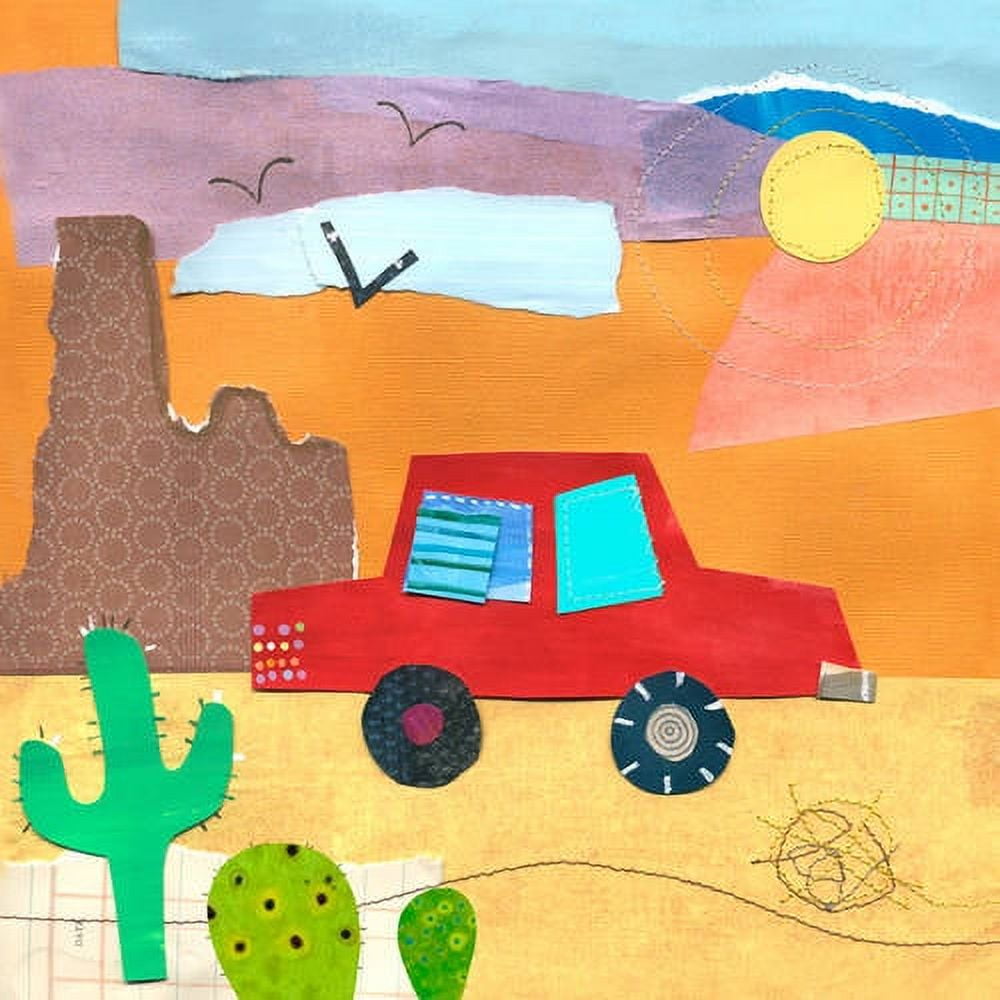 Colorful collage-style canvas artwork depicting a red truck driving through a desert landscape with cacti, mountains, sun, and birds