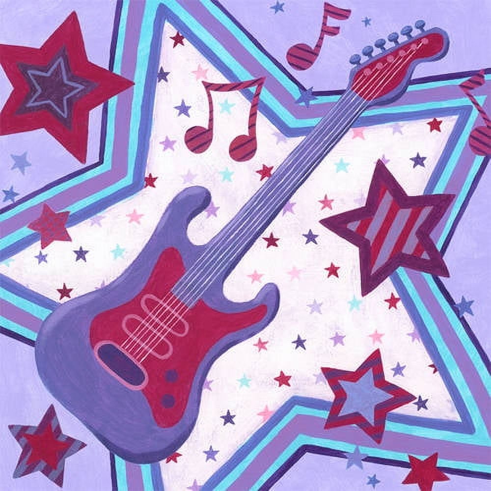 Colorful illustration of electric guitar with musical notes and stars in red, purple, and cyan on lavender background