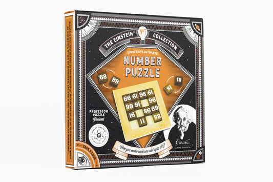 Einstein's Ultimate Number Puzzle box featuring a wooden grid puzzle with numbered tiles and Albert Einstein portrait on black and orange packaging
