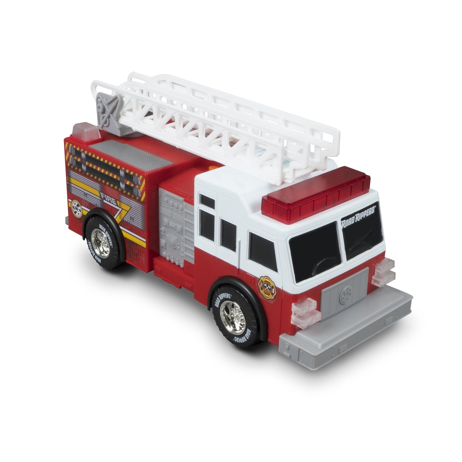 Red and white motorized fire truck toy with extending ladder, detailed side panels, working lights and sounds, realistic wheels on plain background