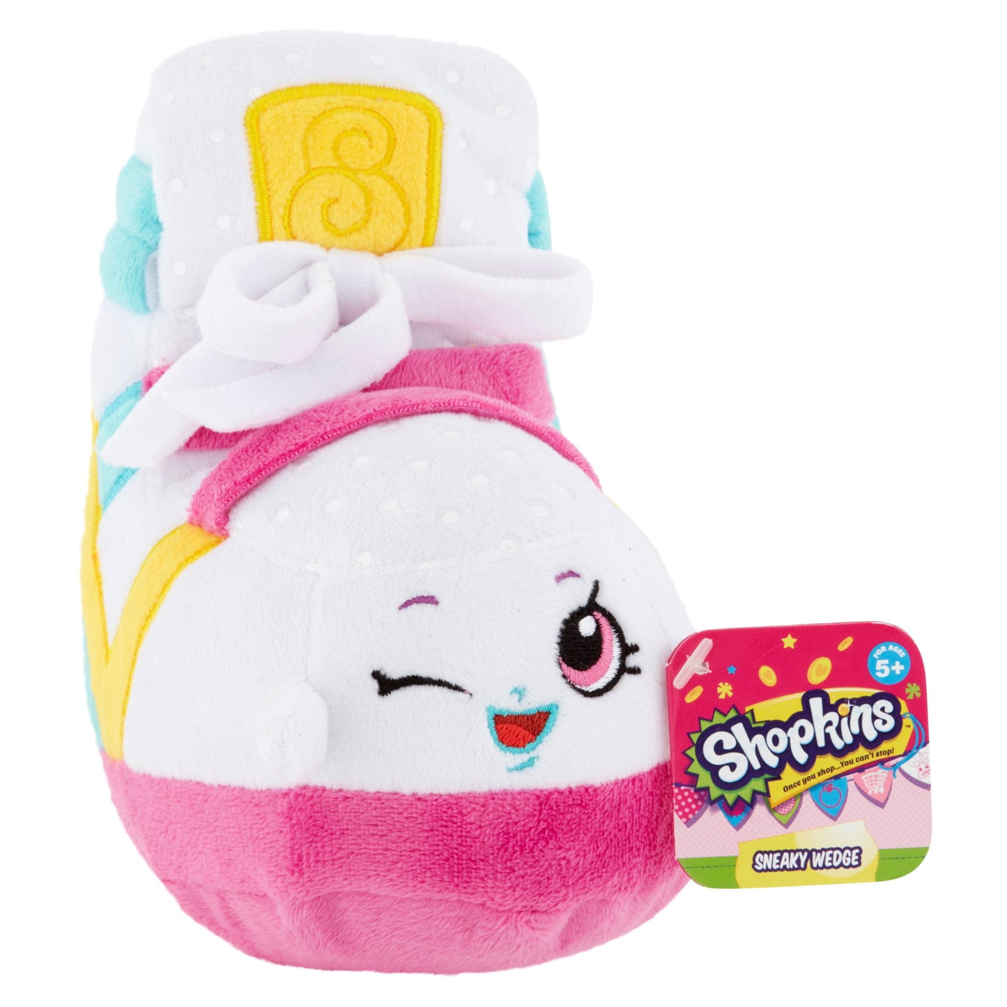 Shopkins Sneaky Wedge plush toy, white and pink soft character with yellow hair detail, closed eye and smiling expression, includes product tag
