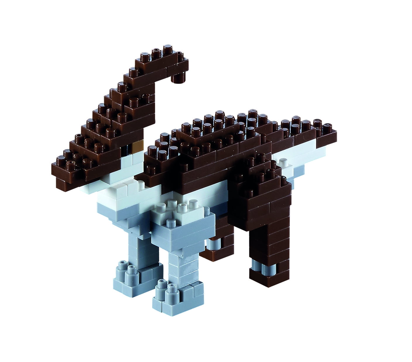 Brown and light blue micro brick dinosaur model with long neck raised upward, assembled from small interlocking plastic blocks