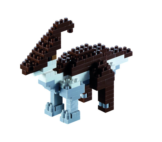 Brown and light blue micro brick dinosaur model with long neck raised upward, assembled from small interlocking plastic blocks