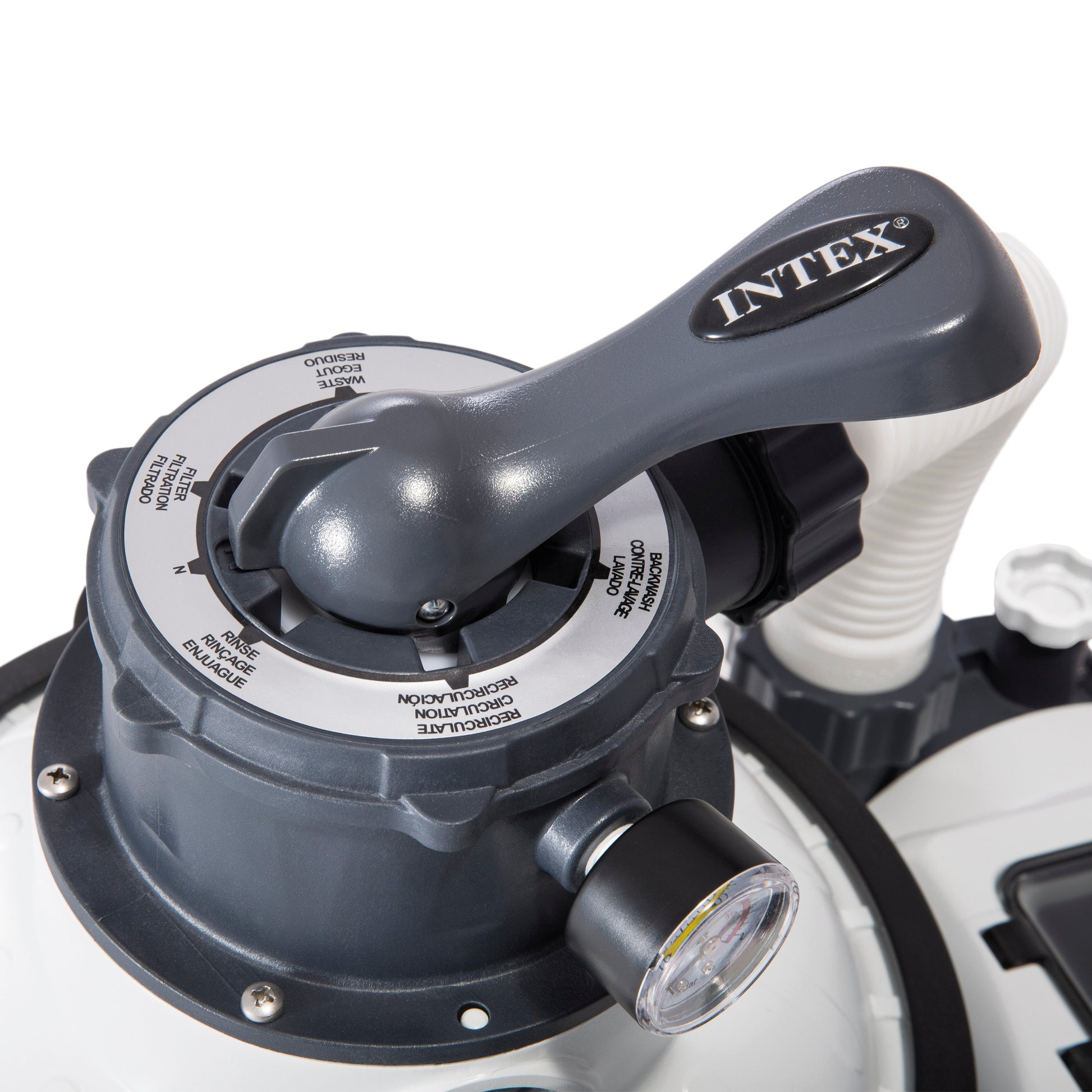 Intex 1500 GPH Sand Filter Pump with gray and white housing