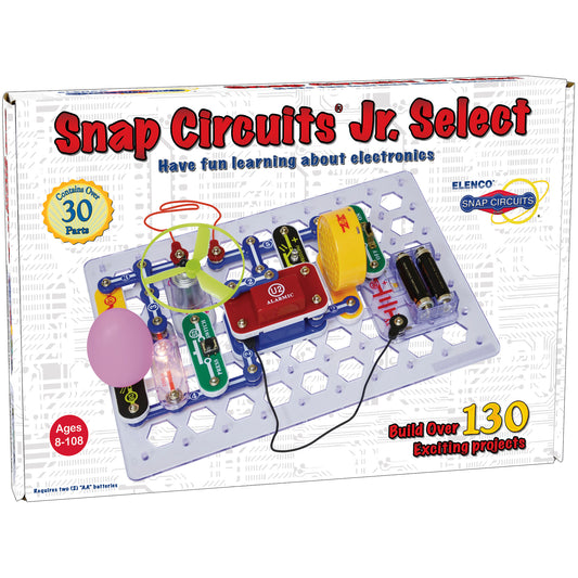 Snap Circuits Jr. Select electronics learning kit with purple base board, colorful snap components including red alarm module, yellow battery pack, green circui