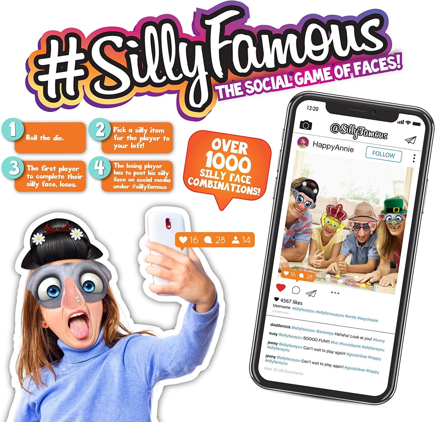 #SillyFamous The Social Game of Faces game showing silly face glasses, game rules, and smartphone display of social media posts with players wearing face access