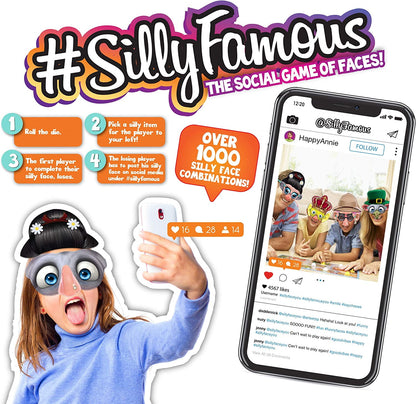 #SillyFamous The Social Game of Faces game showing silly face glasses, game rules, and smartphone display of social media posts with players wearing face access
