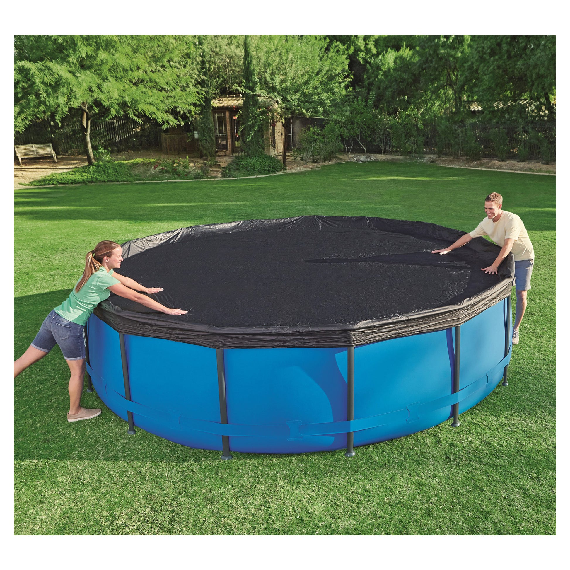 Flowclear 10' Pool Cover black vinyl cover on blue round above-ground pool