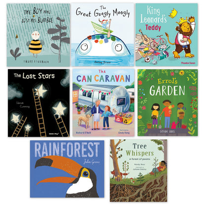 Eight children's picture books displayed in a grid: The Boy Who Lost His Bumble, The Great Googly Moogly, King Leonard's Teddy, The Lost Stars, The Can Caravan,