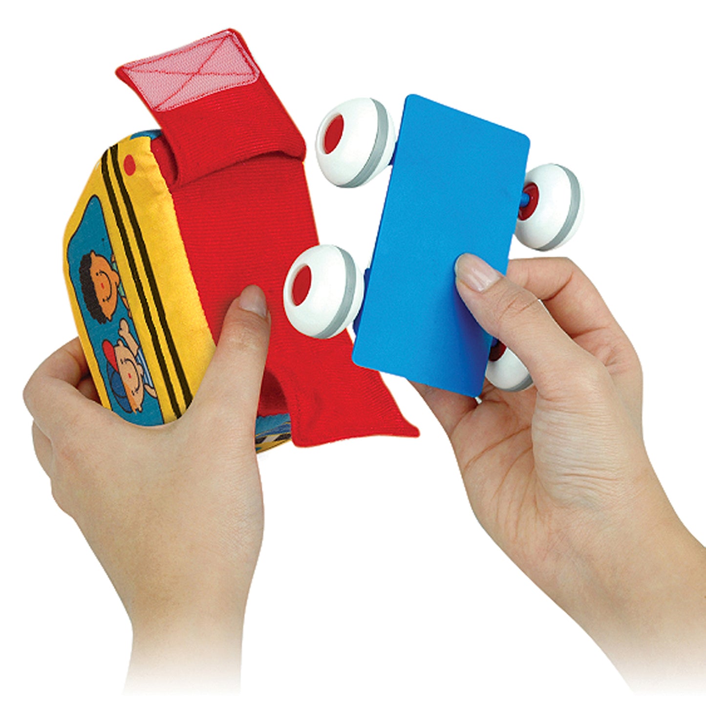 Melissa & Doug K's Kids Pull-Back Vehicle Set soft baby toys in red, blue, and yellow