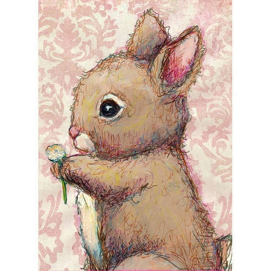 Illustrated bunny with tan and pink coloring holding a small flower, against pink damask patterned background