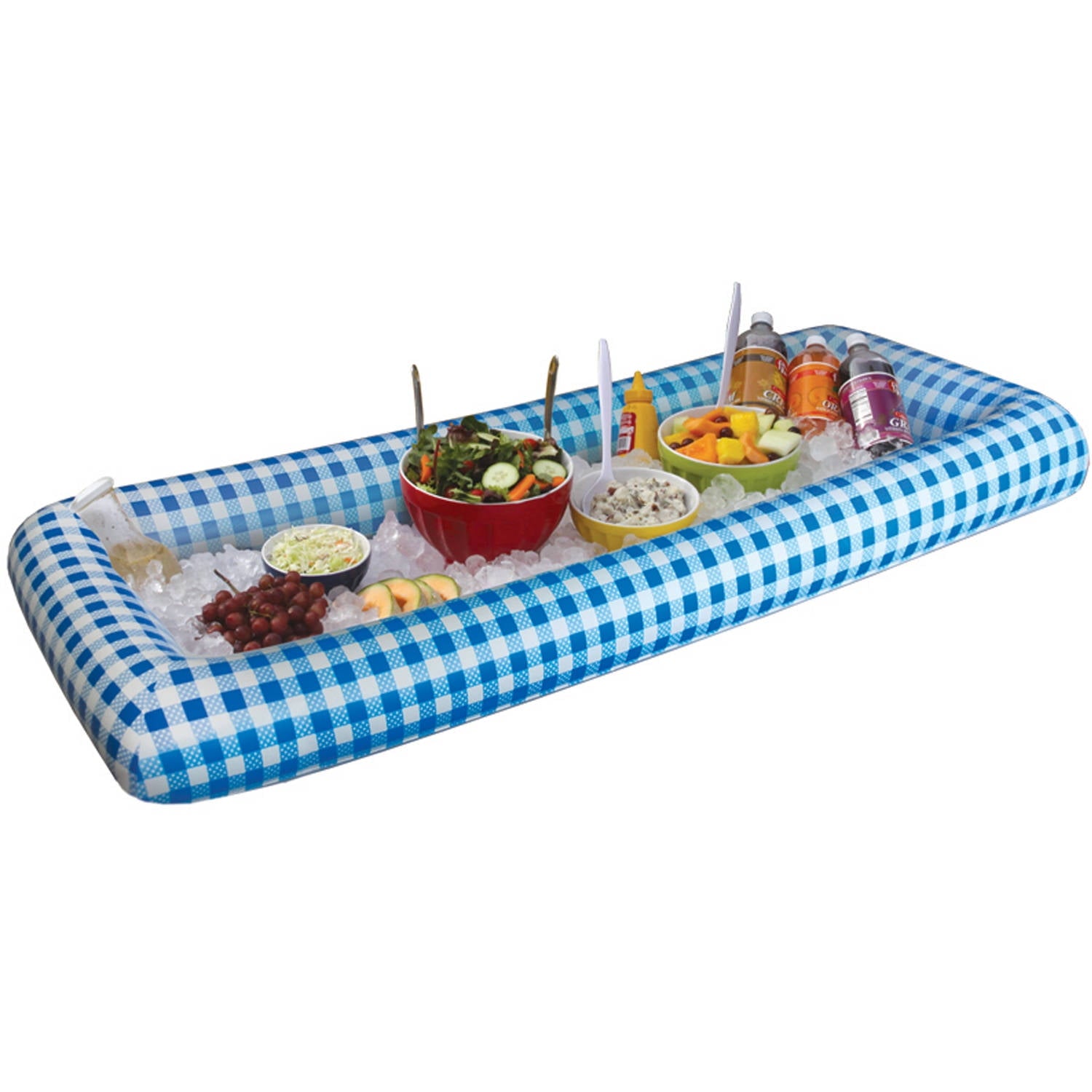 Blue and white gingham inflatable buffet cooler filled with ice, food bowls, beverages, and utensils for outdoor entertaining
