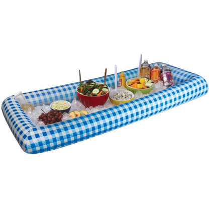 Blue and white gingham inflatable buffet cooler filled with ice, food bowls, beverages, and utensils for outdoor entertaining