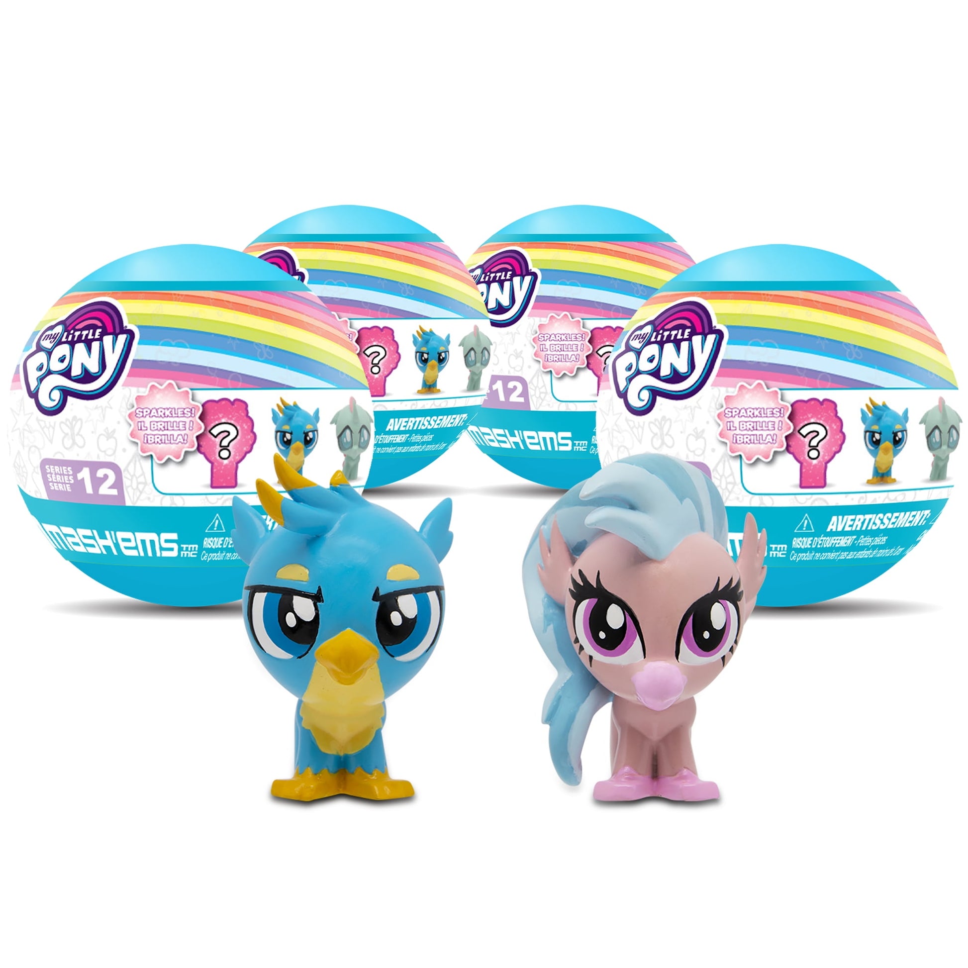My Little Pony Mash'ems Series 12 collectible figures: blue pony with yellow beak and pink pony with blue mane, shown with rainbow-striped packaging spheres beh
