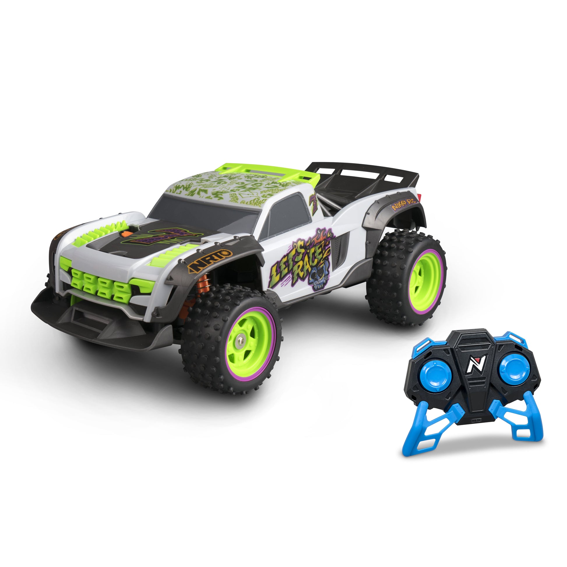 White, neon green, and black off-road RC truck with oversized black tires and purple accents, shown with blue and black remote control